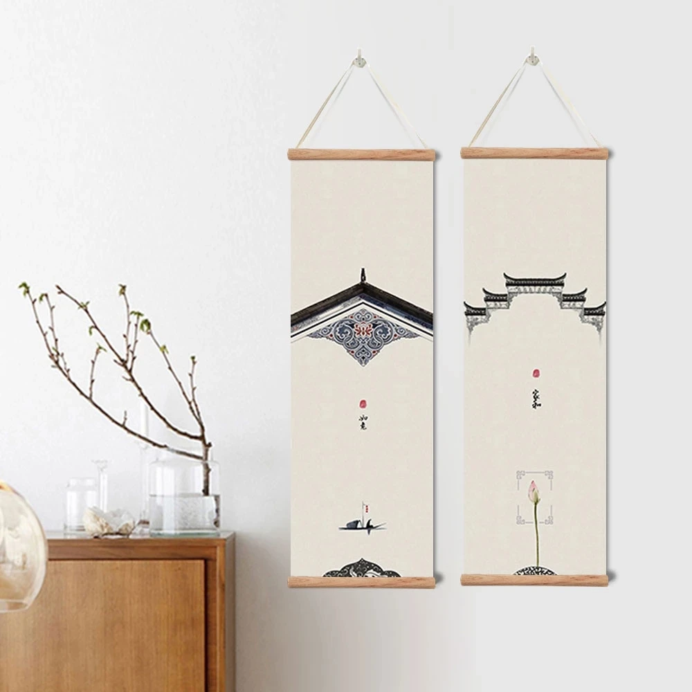 

Chinese Ancient Architectural Style Canvas Scroll Painting Posters Prints Wall Art Pictures for Livingroom Home Decor With Frame