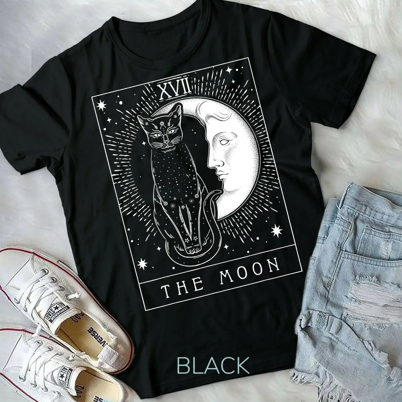 

Tarot Card Crescent Moon And Cat Graphic Form T-Shirt