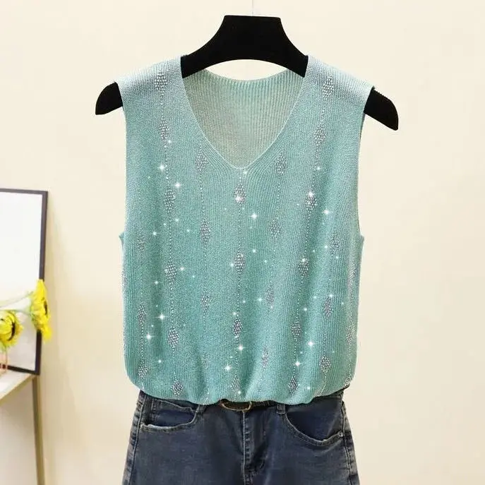 

2022 New Rhinestone Summer ice silk knit Tank Women Sleeveless Knit Diamond vest Top Women's loose Camisole tops Green