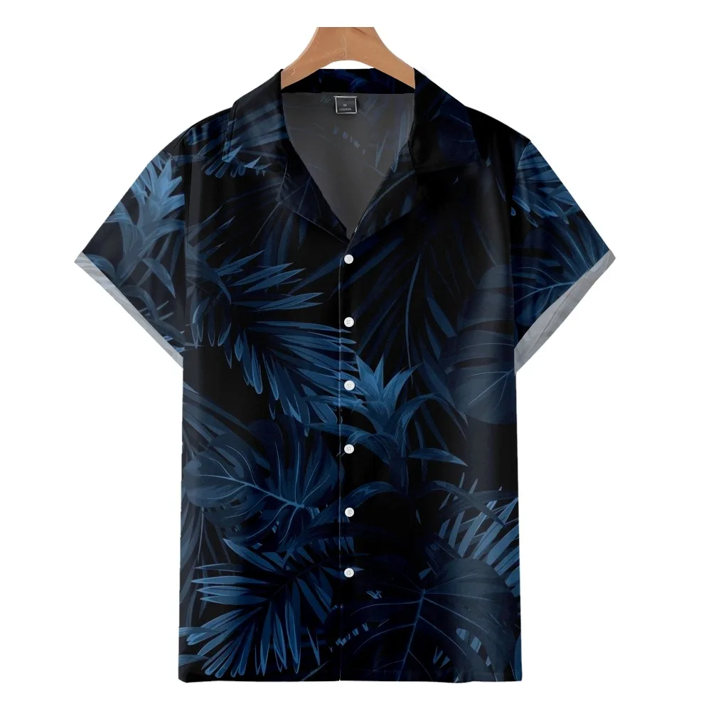 

2022 Fashion Casual Hawaiian Beach Shirt, Late Night Blue Palm Leaf Vintage Print, Summer Cuban Collar Shirt for Men and Women