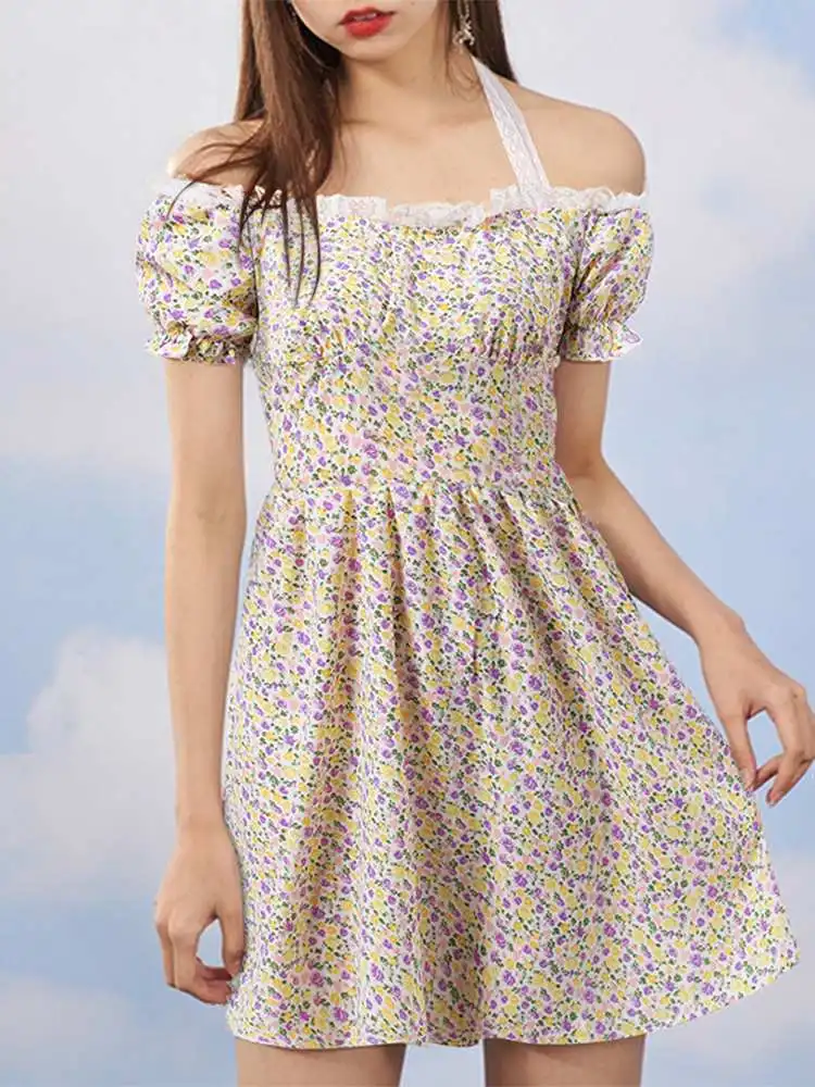 

VONDA Bohemian Women Short Sleeve Holiday Floral Printed Halter Dress High Waist Pleated A-line Mini Sundress Spring Party Robe