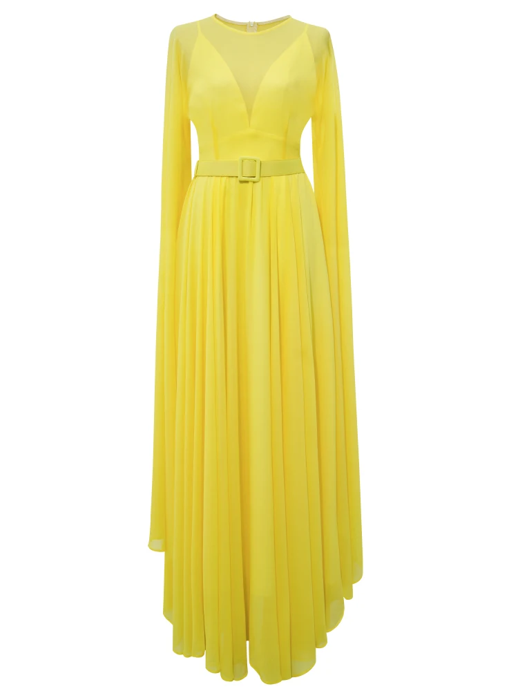 

Spring Autumn Women French Yellow Fairy Dress Chic Super Long Flying Sleeve High Sense Elegance Fashion 2023 Luxury Designer