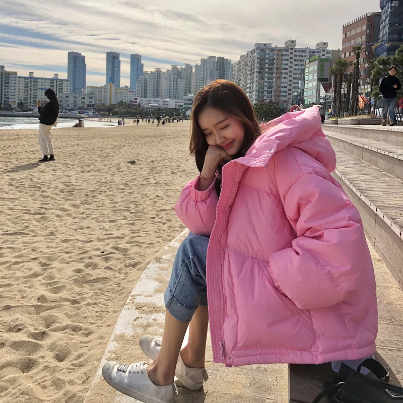 

2021 Winter New Women Cotton Coat Loose Hooded Warm Pocket Elegant Ins Jacket Solid Sweet Female Office Lady Outwear Bubble Coat