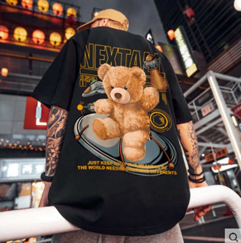

Летняя новая модная мужская футболка с коротким рукавом креативные повседневные трендовые топы свободного кроя с принтом Вселенная летающая тарелка медведь круглый вырез