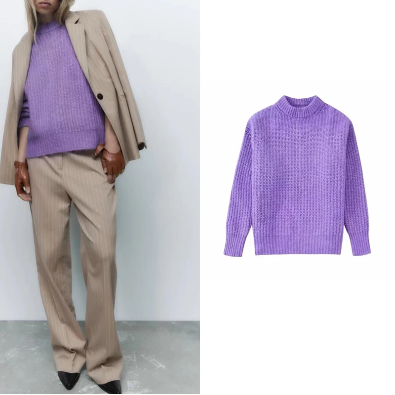 

Женский трикотажный пуловер с круглым вырезом и длинным рукавом