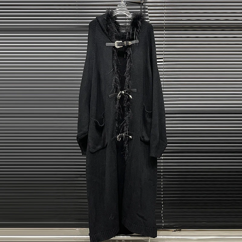 KBQ однотонный лоскутный вязаный свитер с перьями для женщин однобортный длинный