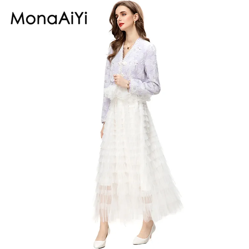 Женский костюм с вышивкой MonaAiYi дизайнерский фиолетовый топ V-образным вырезом