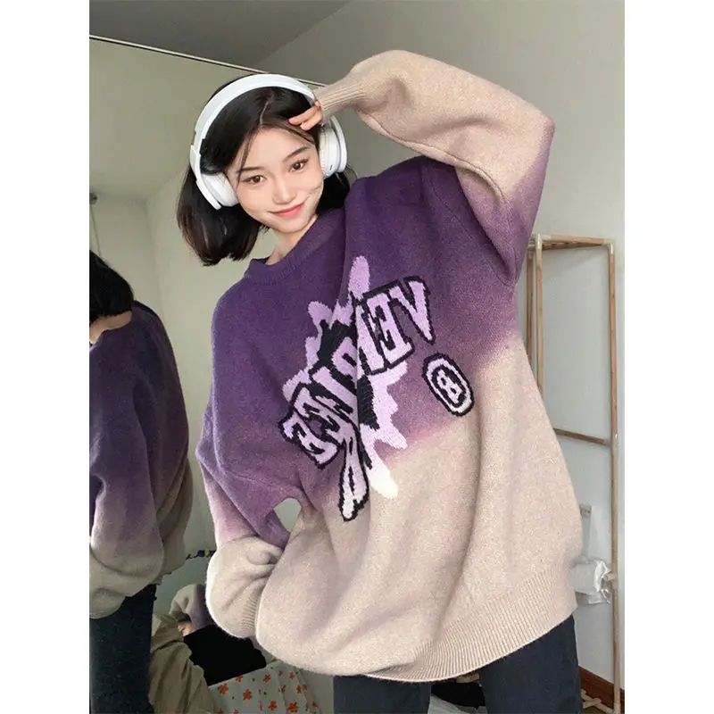 

Американский ретро свитер с градиентом для студенток осень-зима пуловер с круглым вырезом свитер Топ и куртка Женская толстовка