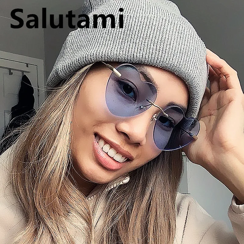 

Rimless Cute Heart Shape Sunglasses For Women New Luxury Brand Alloy Small Cat Eye Gradient Sun Glasses Female Blue Pink Shades