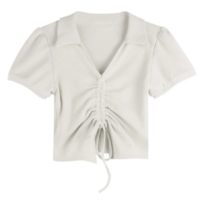 

Short-sleeved t-shirt female summer niche design feeling drawstring V-neck wrinkle short sweet spicy wind ins jacket WHITE