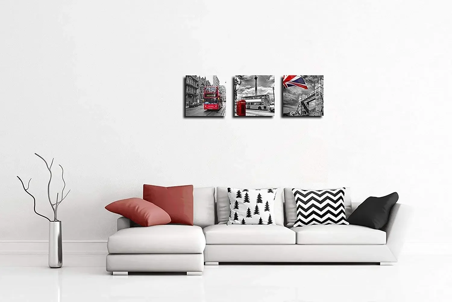 Modern Prints Red Bus On London Street Black And White Wall Art Union Jack Decor Paintings Canvas For Home Décor