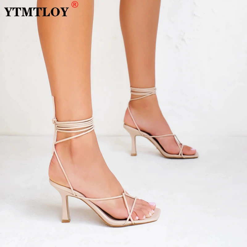 

New Summer Women's Sandals PU Lace-Up Thin High Cover Heel Shallow Mature Serpentine Dance Solid Pumps 35-43