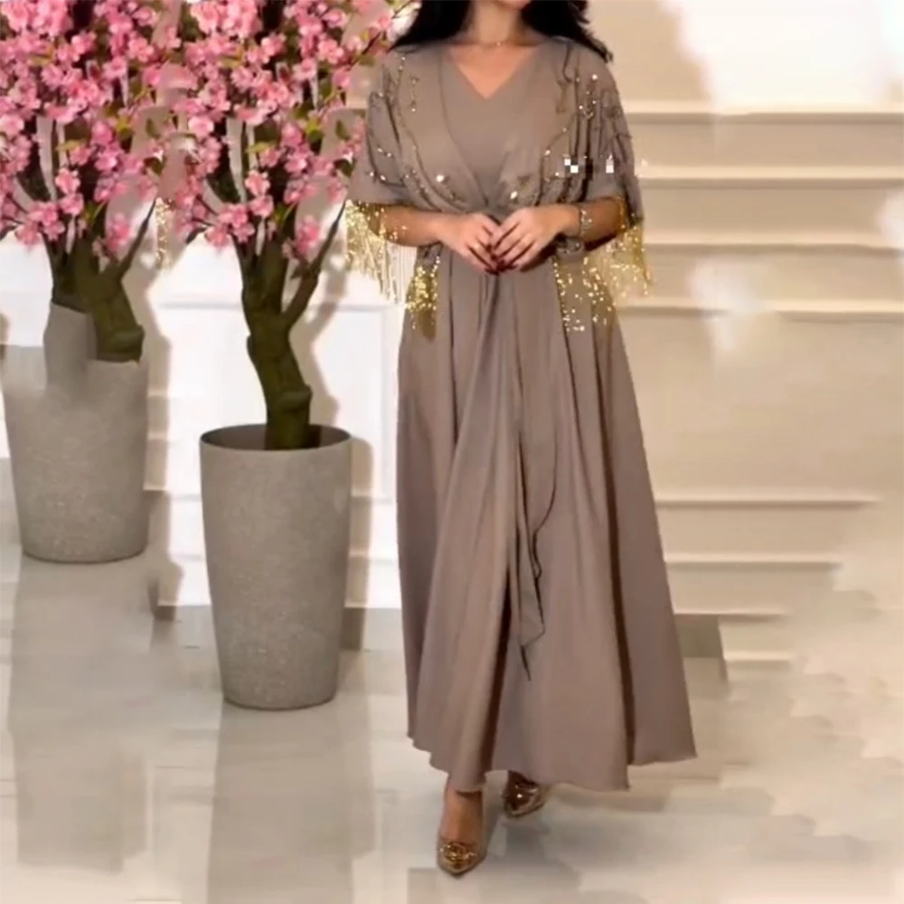 

GIOIO V-Neck Luxury Formal Evening Dresses Beading Short Sleeves فساتين سهرة Ankle Length Simple Elegant Prom Gowns Party Women