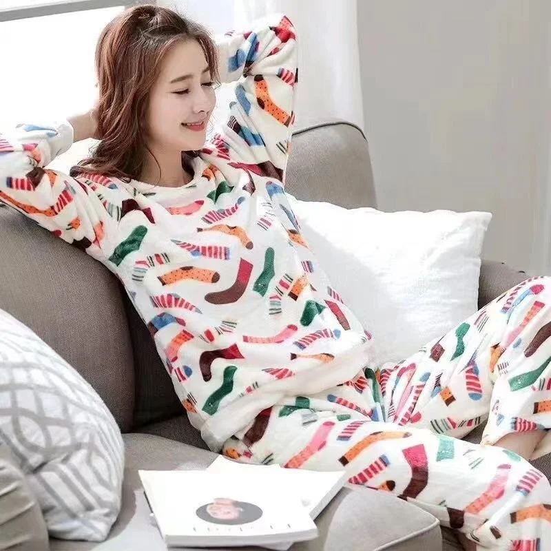 Pajamas Set Casual Sleepwear For Women Full Sleeve Sweet Pyjama Women's Fashion Soft Flannel Homewear Big Size
