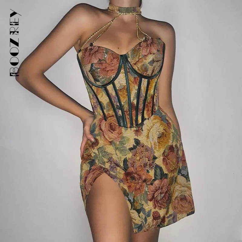 

BoozRey Floral Mini Dress Corsets Chain Halter Backless Dress Women Sexy Sleeveless Summer 2022 Streetwear Chic Party Clothes