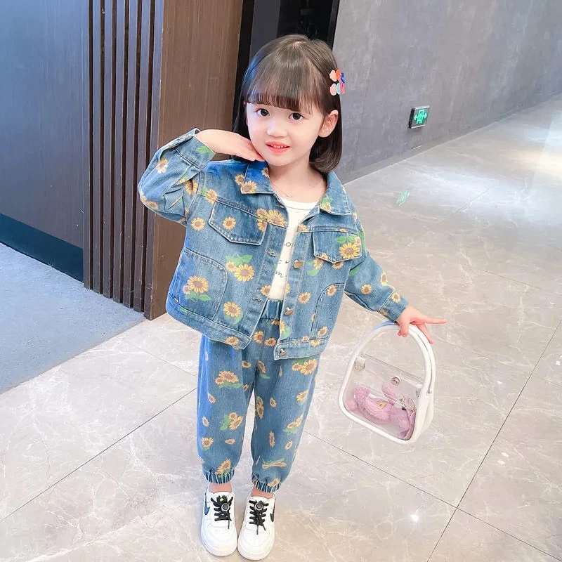 

spring kids cartoon daisy denim sets coat+jeans pants child casual outerwear coat autumn clothing Children's clothes girls suit