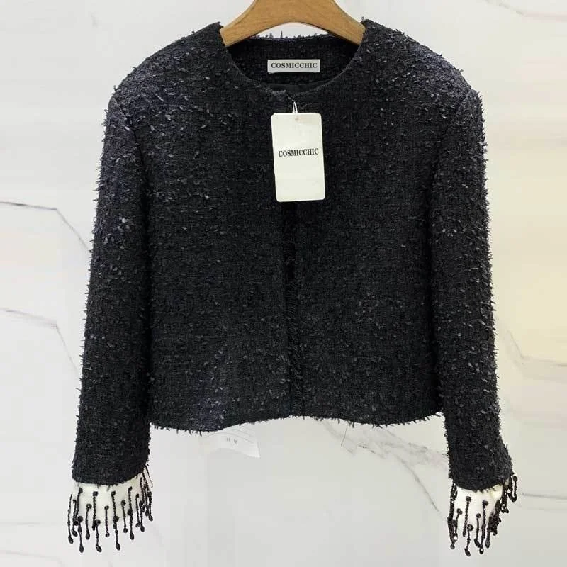 

Женская твидовая куртка с круглым вырезом, Короткая Повседневная куртка с длинным рукавом и бахромой, черного цвета, Осень-зима 22