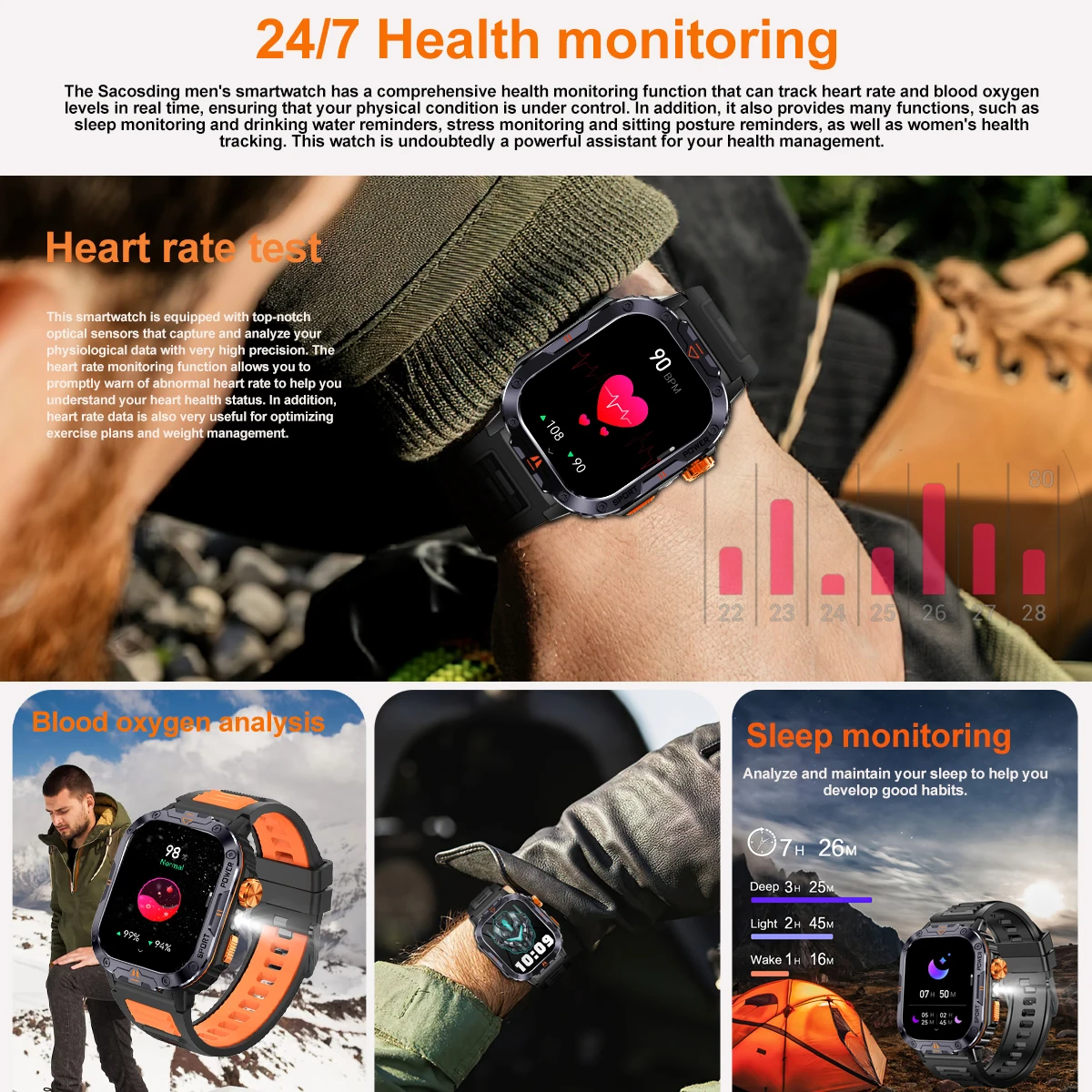Новинка 2024 2 0-дюймовый HD-экран Bluetooth-вызов умные часы фонарик спортивный
