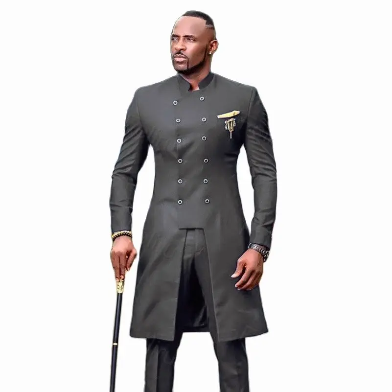 2022 Classic Dark Grey Men's Suit Slim Fit Wedding Suits For Men Groom Tuxedo African Wedding Double Breasted Best Man Blazer
