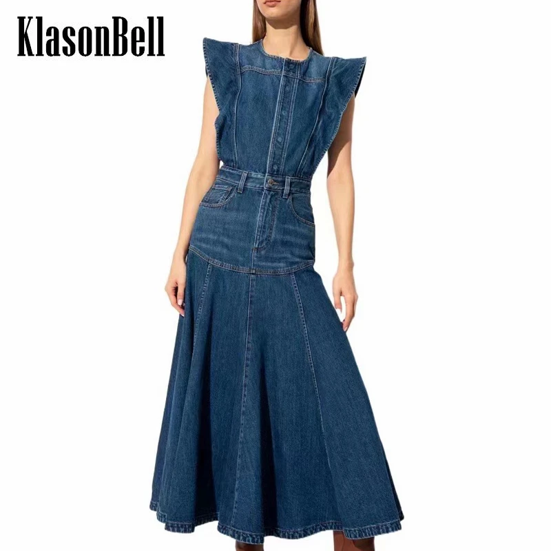 6.10 KlasonBell Vintage Washed Denim Ruffle Sleeveless Casual Midi Dress Women