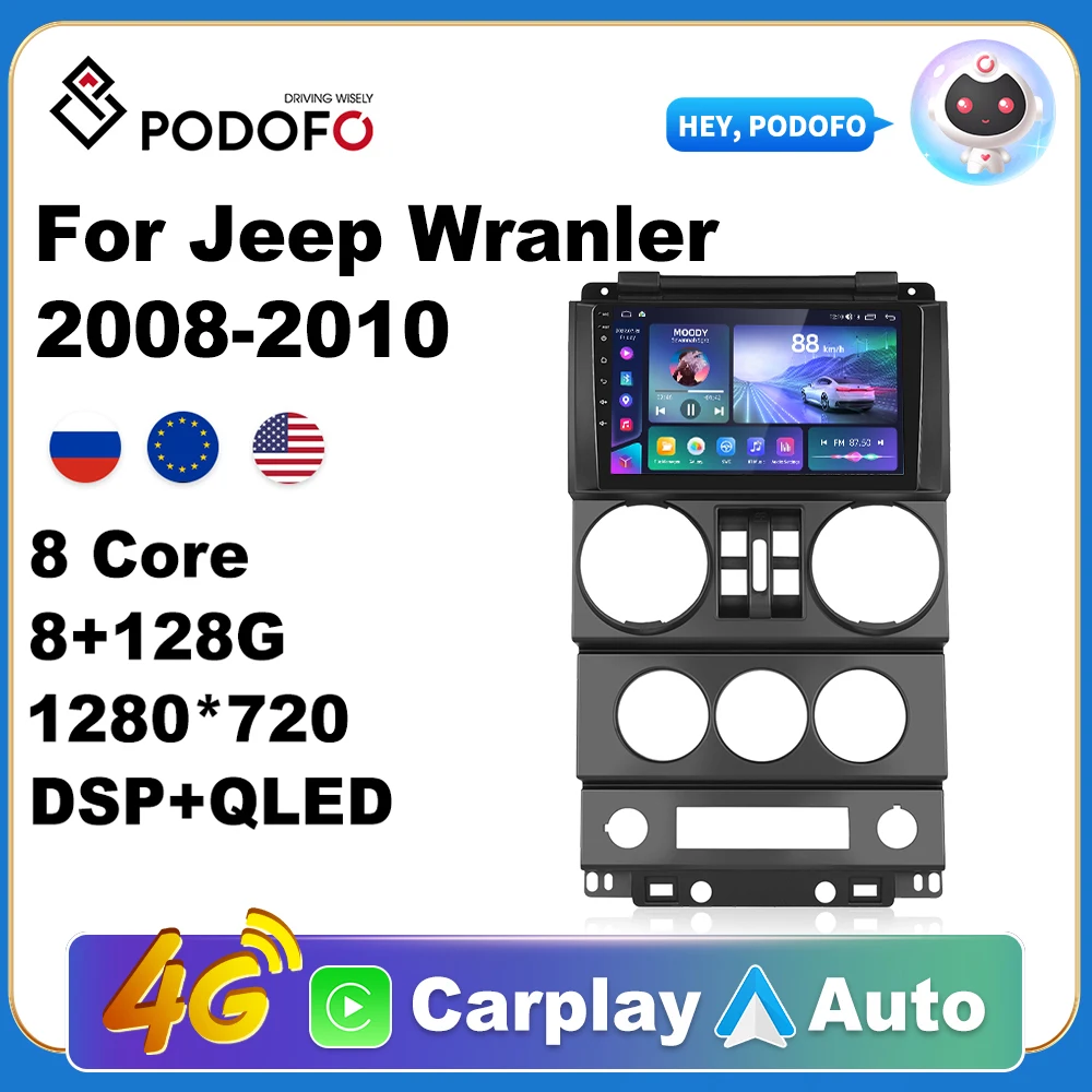 

Podofo Car Android Carplay Radio Multimedia Player For Jeep Wrangler 2008-2010 2 Din Autoradio Video AI Voice GPS Navi 4G WiFi