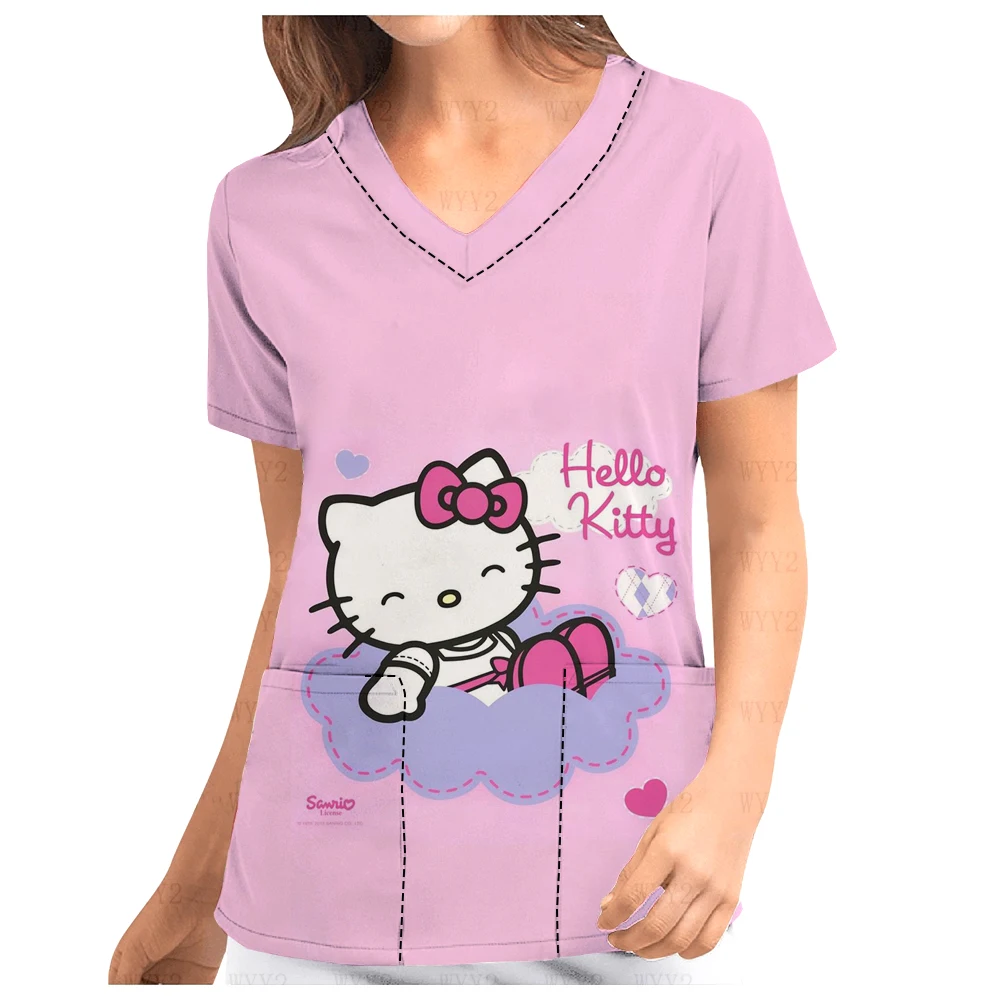 

Hello Kitty Medical Work Uniform V-Neck Print Scrub Top Branch Pet Shop Care Clothing Nurse Caregiver Summer T-Shirt