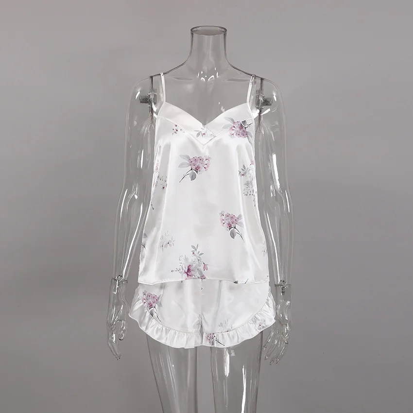 2pcs Pajamas Suit Nightwear Sleeveless Shirt Shorts Nightwear Ice Silk Homewear Summer Casual Printing Flowers Home Clothing