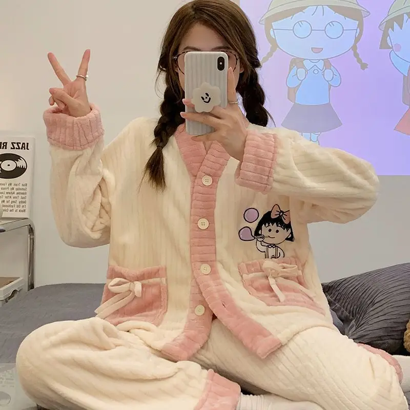 Kawaii Pajama Set Winter Warm Sleepwears for Women Lovely Girl Fleece Pyjama 2 Pieces Home Clothes Cute Nightwear V Neck Female