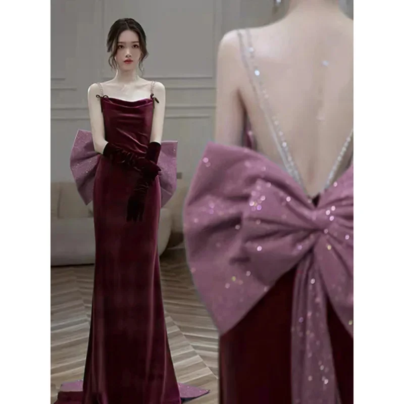 Женское бархатное вечернее платье Бордовое со шлейфом элегантное принцессы в