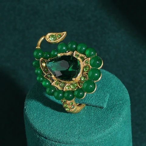 Регулируемое кольцо LOVE GREEN LIVE GREEN с павлинами из меди, изумрудно-зелёное