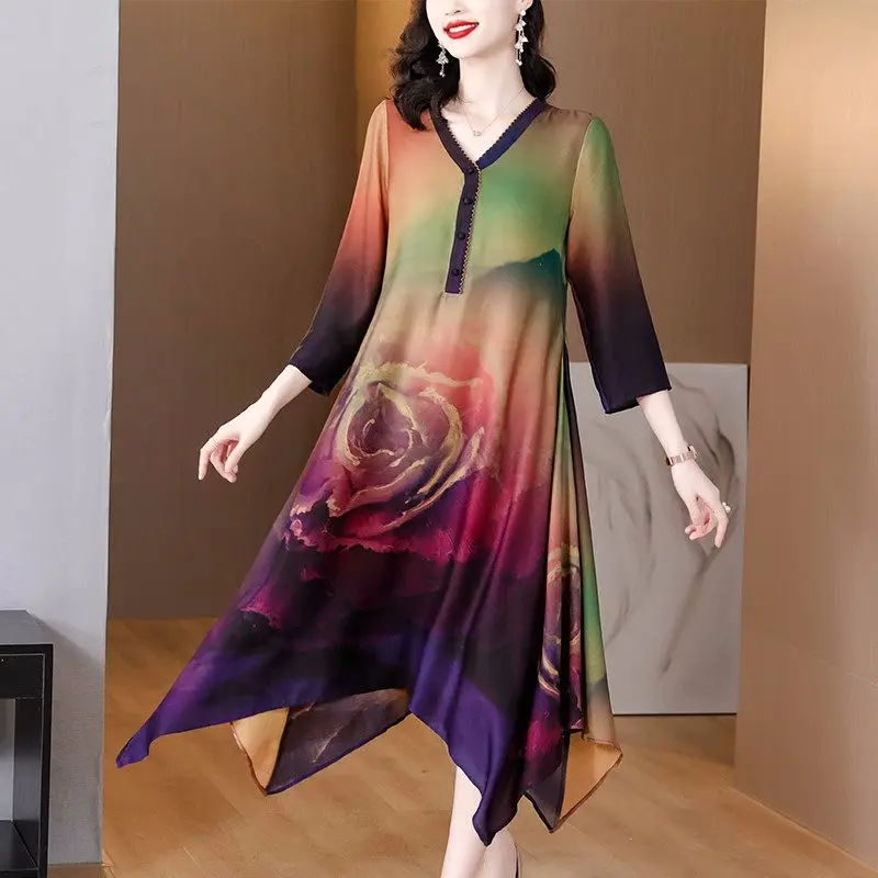 2023 Spring/Summer Mid Aged Mom's Fashion Clothing Large Size Loose Vintage Printed Silk Dress Irregular V-Neck Vestidos Z1026