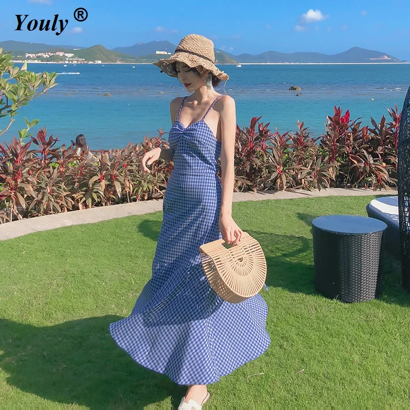 

Vintage Sexy Bohemian Plaid Trumpet Beach Dress 2021 Summer Casual Sundress Sim Blue Lolita Style Mermaid Party Dress vestido