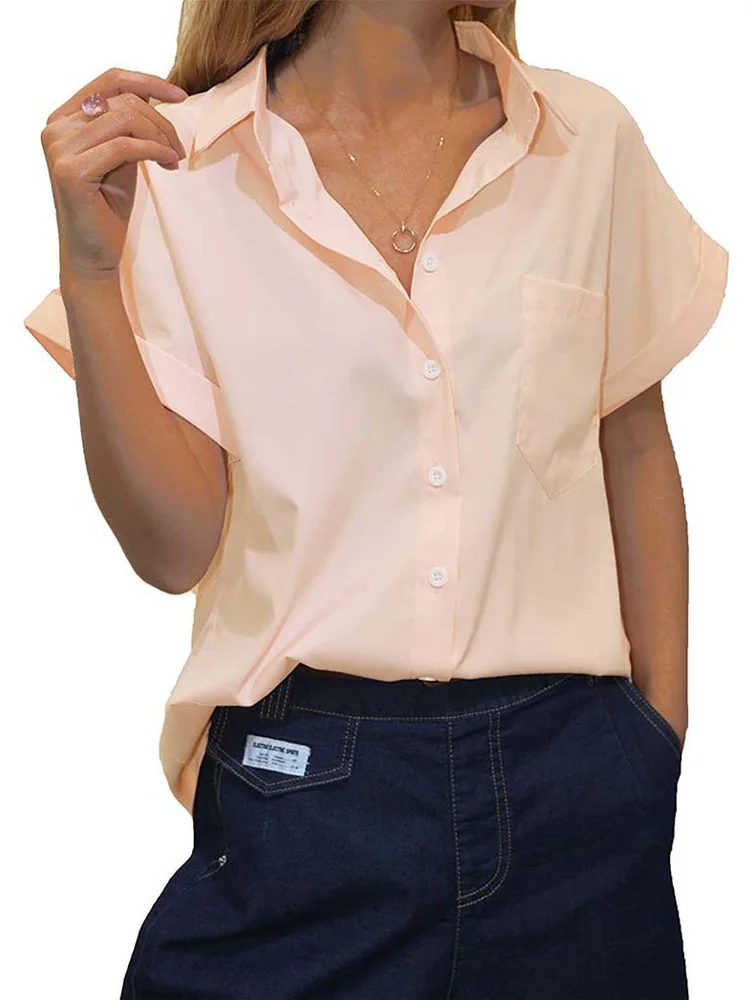 

Женская рубашка с коротким рукавом, Повседневная Свободная рубашка розового или белого цвета на пуговицах, лето 2022