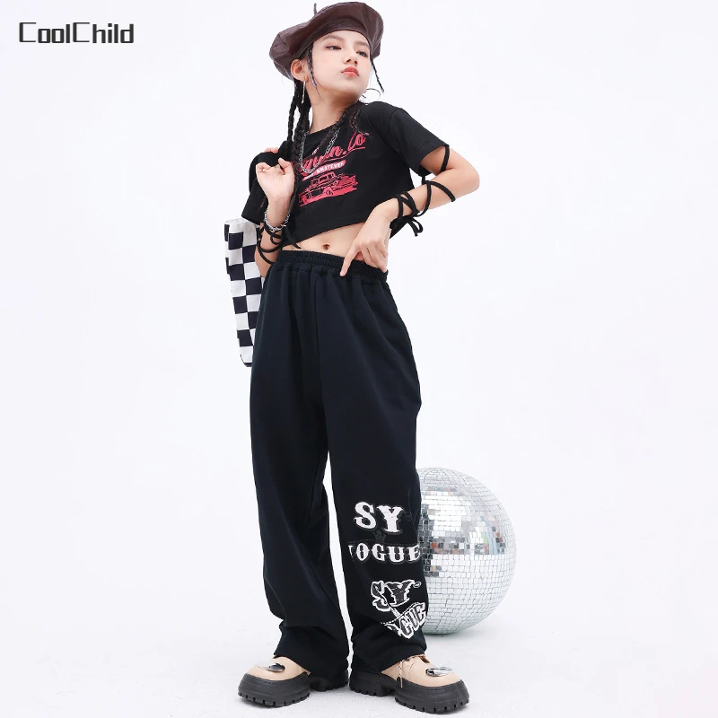 

Girls Hip Hop Bandage T-shirt Joggers Street Dance Crop Top Baggy Pants Children Loose Streetwear Kids Jazz Costume Clothes Sets