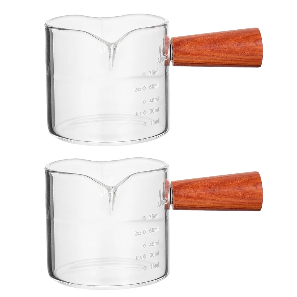 

2pcs Double Spout Espresso Shot Glass with Wooden Handle Espresso Measuring Cups 75ML