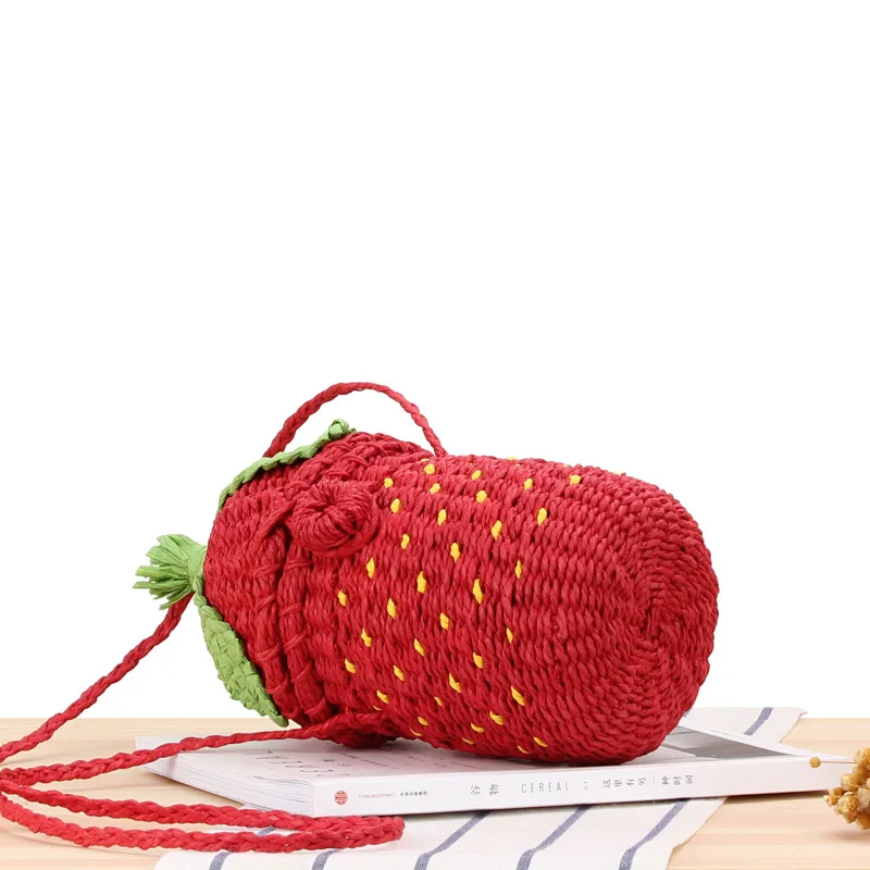 Bohemian Handmade Woven Rattan Beach Bag Funny Strawberry Straw Bags for Women Brands Bali Travel Shoulder Crossbody Bag Tote
