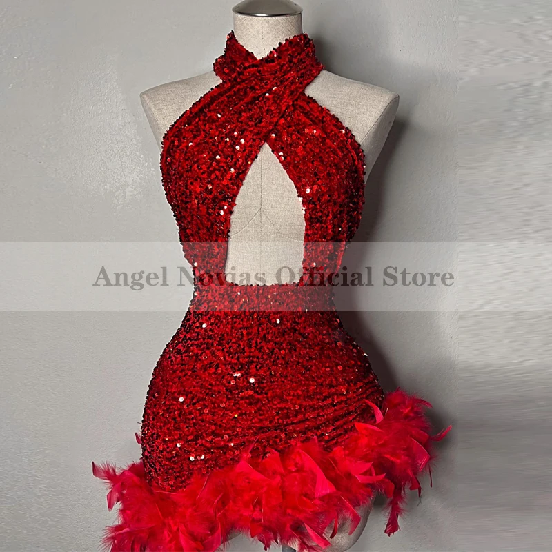 

ANGEL NOVIAS Red Sexy Mini Sequins Prom Dresses 2023 with Feather African Black Girl Cocktail Party Homecoming Graduation Dress