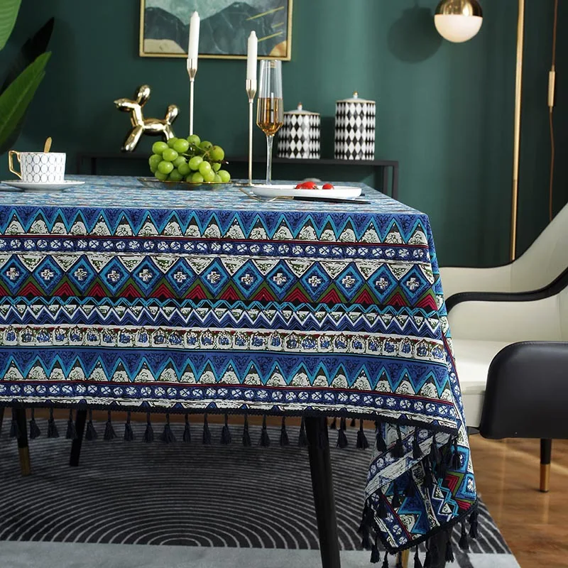 

Bohemian Blue Triangle Print Home Mat Navy Tassel Rectangle Waterproof Anti-Slip Tablecloth