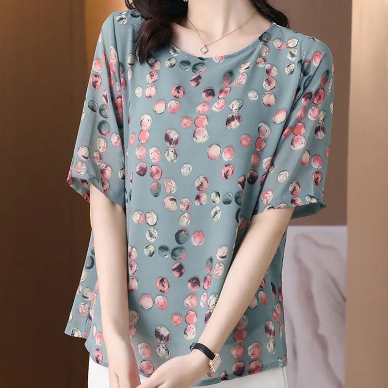 

Pullover Floral Short Sleeve Blusas Female 2022 Summer Clothes for Women Chiffon Tops Large Size 4XL Blouse Spliced Green 2731