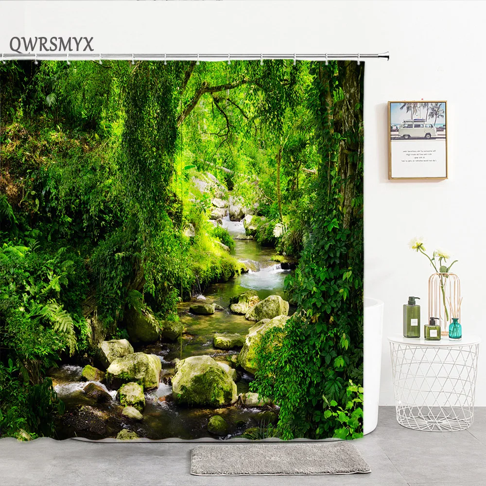 

Green Forest Landscape Shower Curtain Nature Scenery Curtains for Bathroom Decor Polyester Cloth Fabric Bath Curtain with Hooks