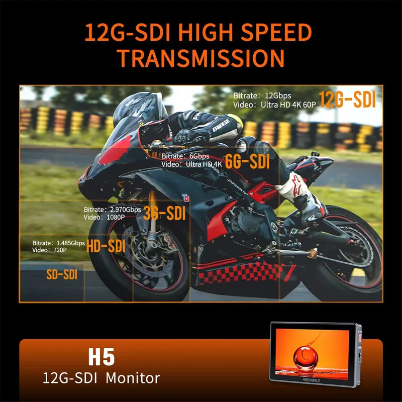 Фото FEELWORLD H5 5.5-дюймовый монитор для камеры 12G SDI 4K HDMI с высокой яркостью 1200 нит, разрешением 1920x1080, сенсорным экраном и алюминиевым корпусом №5