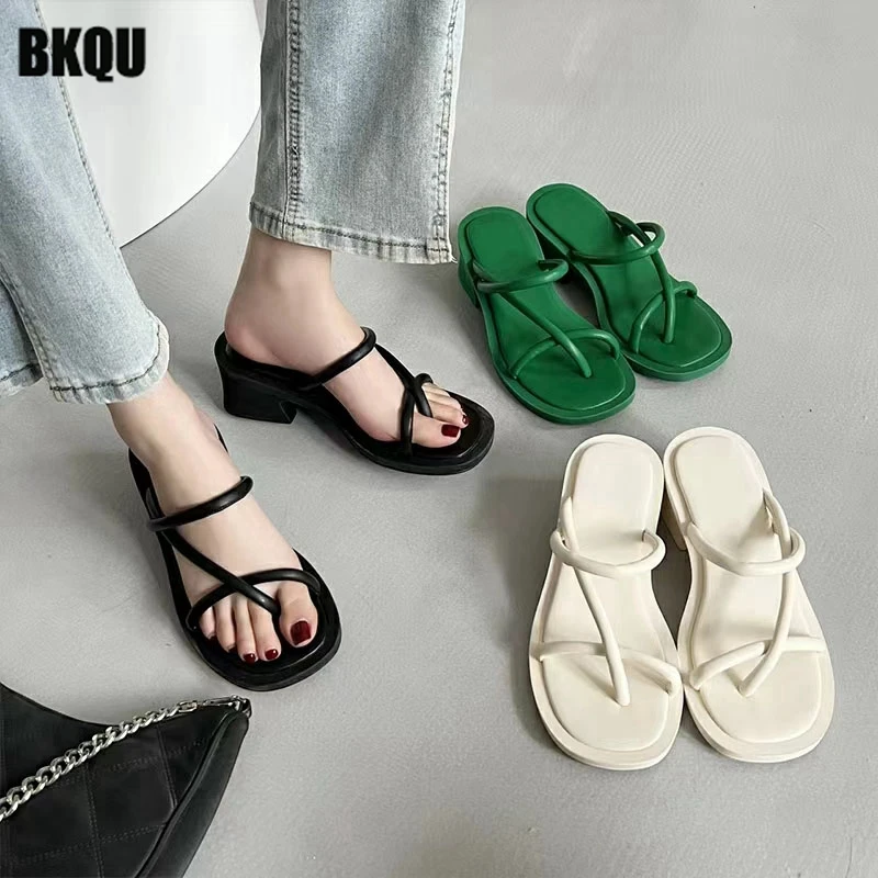 

Narrow Band Women Slippers Mid Heels 2022 New Summer Ladies Fashion Flip Flops Elegant Slides Female Outside Dress Shoes Solid