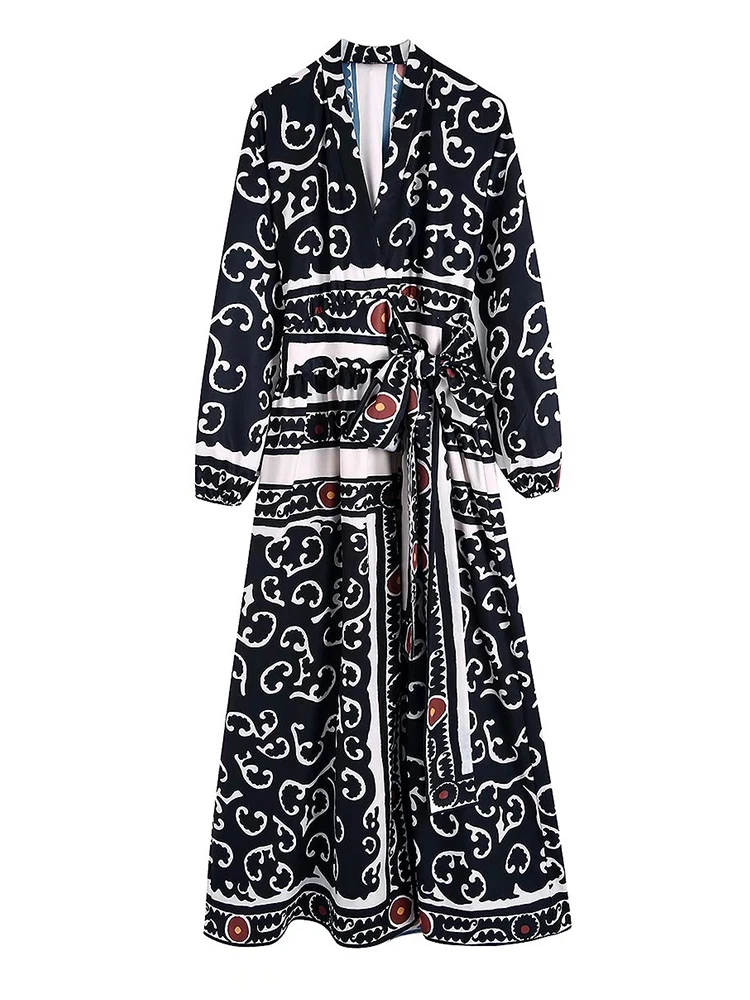 

TFMLN Summer Women Dress With Blet 2022 Elegant Party Printed Vestido Long Sleeve Female Causal O-neck Mid-Calf V-neck Outfit