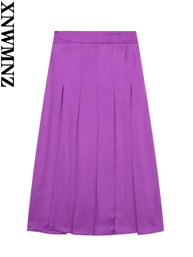 

XNWMNZ 2023 Women Fashion Satin Elegant Box Pleated Skirt Vintage High Waist Side Zipper Casual Versatile Female Midi Skirt