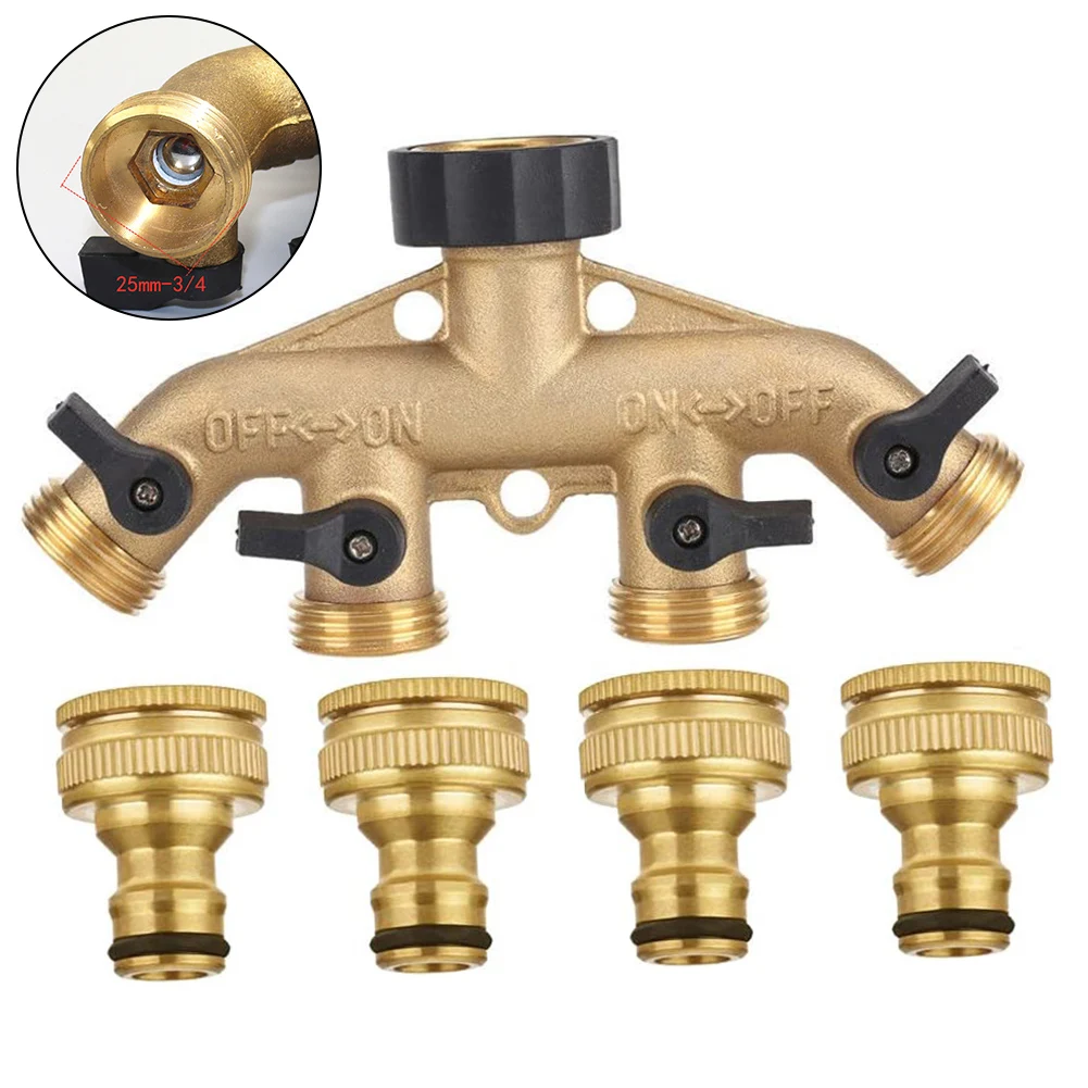 

4 Way Solid Brass Adjustable Flow Control Hose Distributor Splitter With 1/2" Garden Water Hose End Connector Shut Off Valves