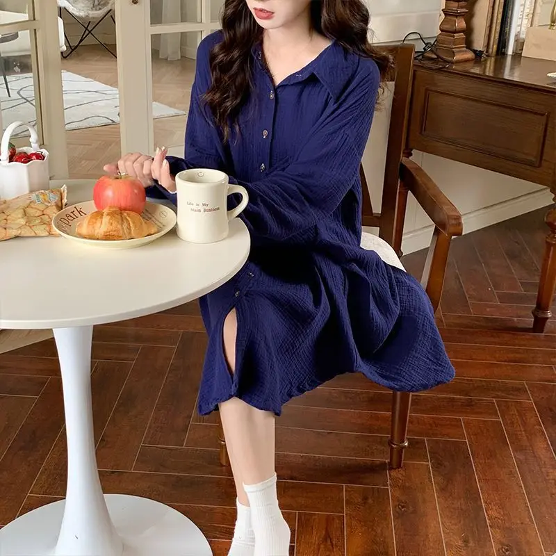 QWEEK Cotton Sleeping Shirt Woman Cardigan Home Clothes Casual Long Sleeve Print Sleepwear Korean Style Gauze Soft Nightie