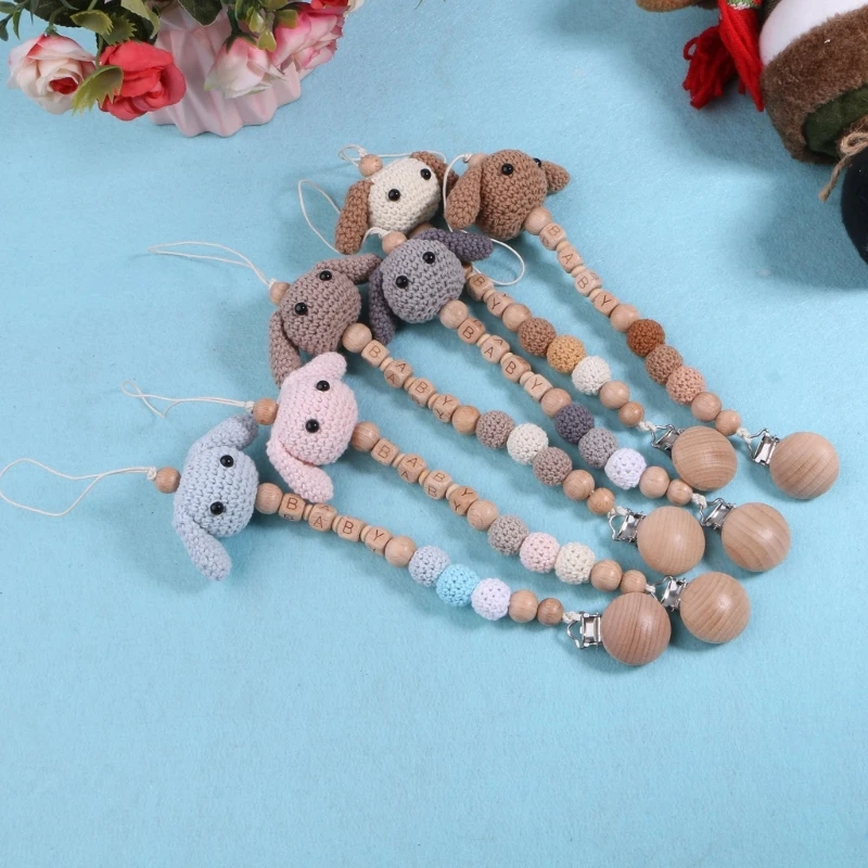 

Babies Pacifier Clips Handmade Crochet Beads Woods Beads Leash Fits Most Pacifier Cartoon Pacifier Chain for for Babies