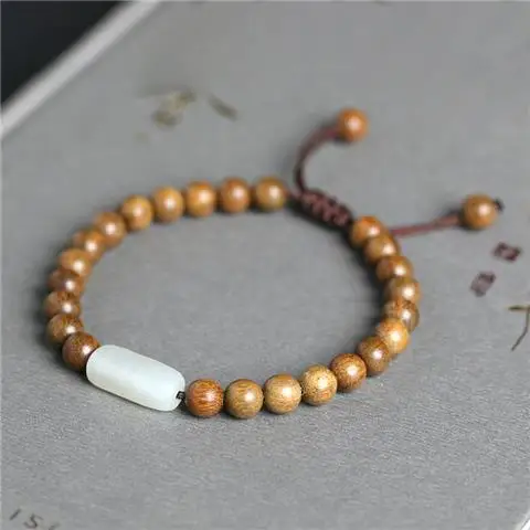 Natural Green Sandalwood Bracelet Hetian Jade Golden Sandalwood Buddha Beads Sandalwood Buddhist Meditation Beads Bracelet