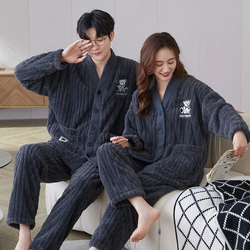 QUHENG Flannel Pajama Sets for Men Long Sleeve Thick Warm Coral Velvet Sleepwear Suit Winter Autumn Pyjamas Homewear Clothes