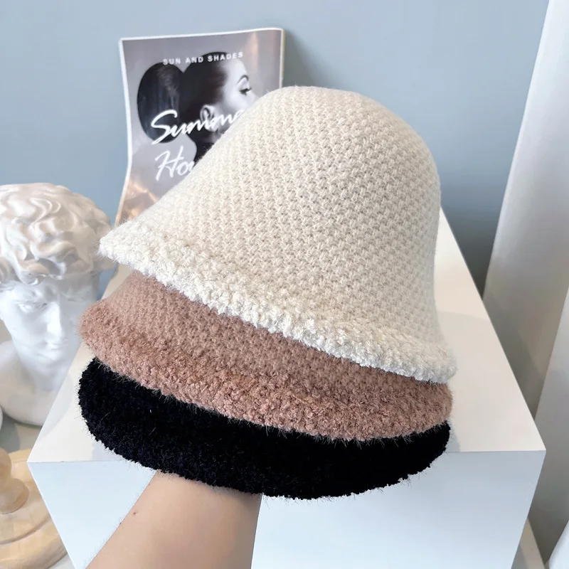 Autumn and winter cashmere knitted Bucket Hat For Women simple tassel basin hat versatile fisherman hat Keep Warm basin caps